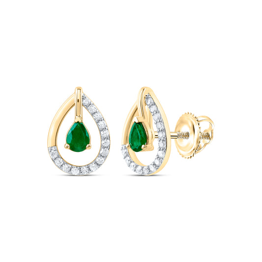 14kt Yellow Gold 1/8 Cttw Diamond 4x3mm Pear Emerald Natural Gem Fashion Earring