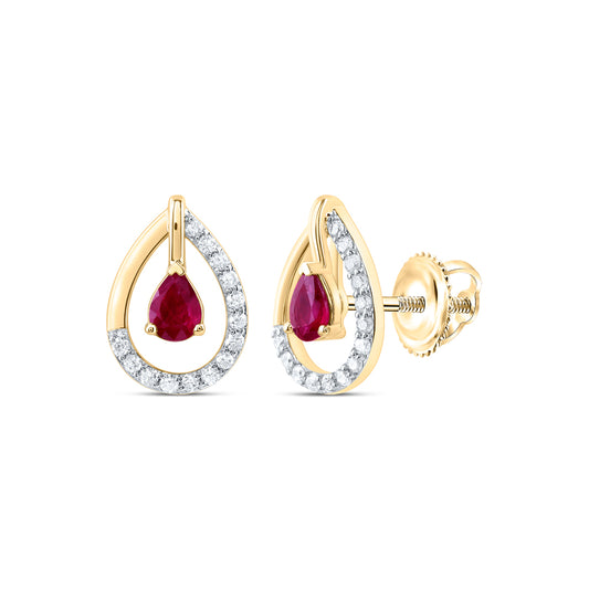 14kt Yellow Gold 1/8 Cttw Diamond 4x3mm Pear Ruby Natural Gem Fashion Earring