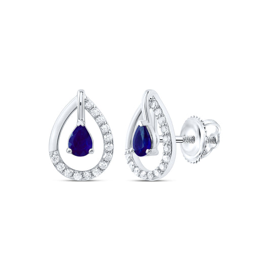 14kt White Gold 1/8 Cttw Diamond 4x3mm Pear Blue Sapphire Natural Gem Fashion Earring