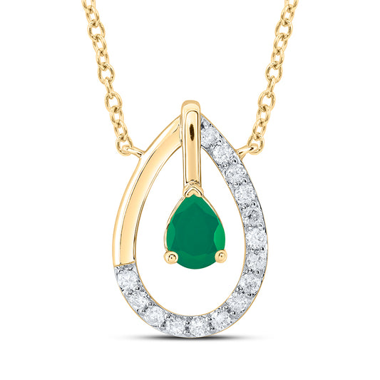 14kt Yellow Gold 1/12 Cttw Diamond 4x3mm Pear Emerald Natural Gem Fashion Necklace, Length: 18 Inch