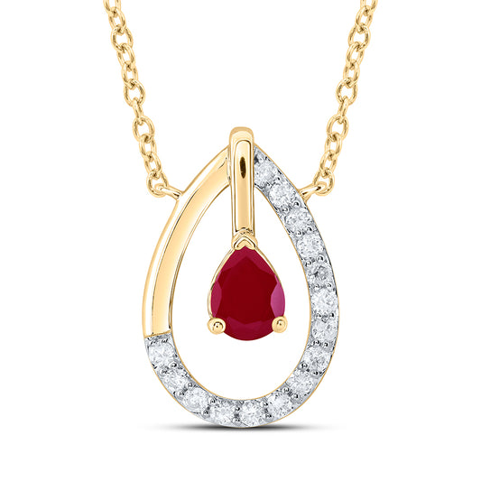 14kt Yellow Gold 1/12 Cttw Diamond 4x3mm Pear Ruby Natural Gem Fashion Necklace, Length: 18 Inch