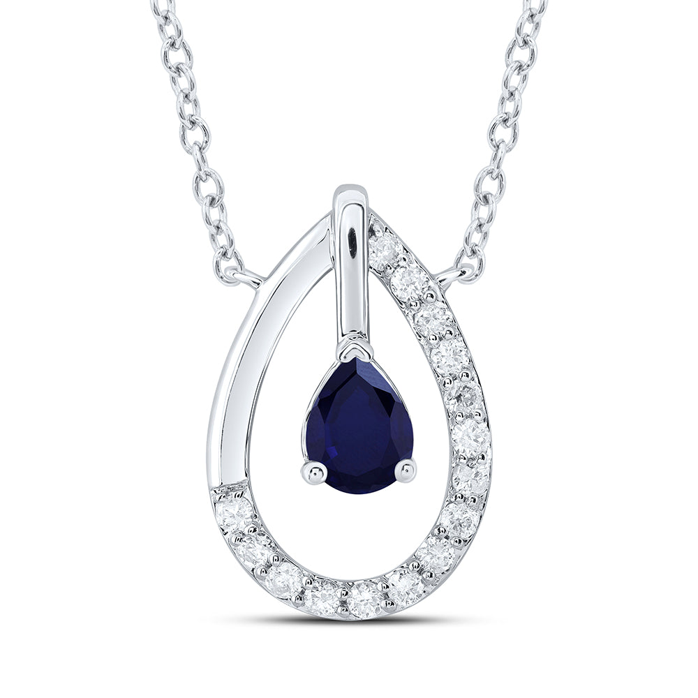 14kt White Gold 1/12 Cttw Diamond 4x3mm Pear Blue Sapphire Natural Gem Fashion Necklace, Length: 18 Inch