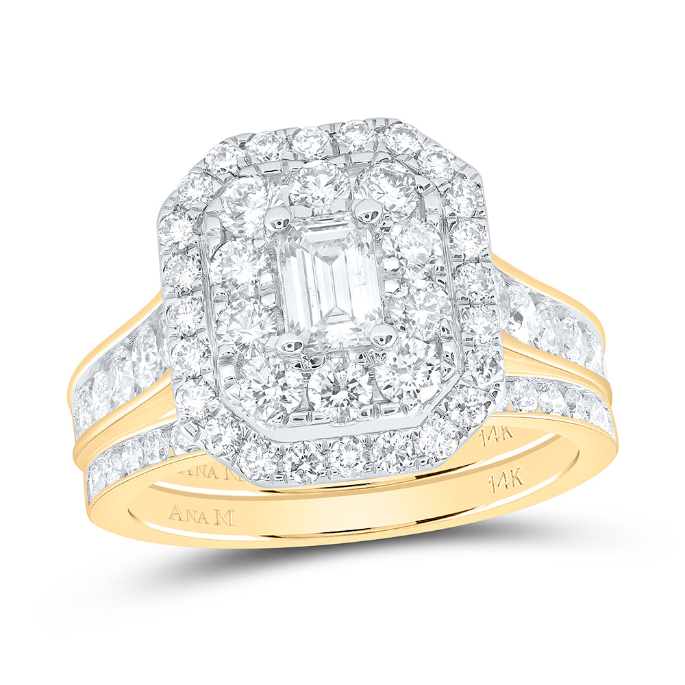 14kt Yellow Gold 2 Cttw Natural Diamond Ana M 3/8 Cttw Emerald Double Halo Wedding Engagement Anniversary Bridal Set, Women Size: 5-9
