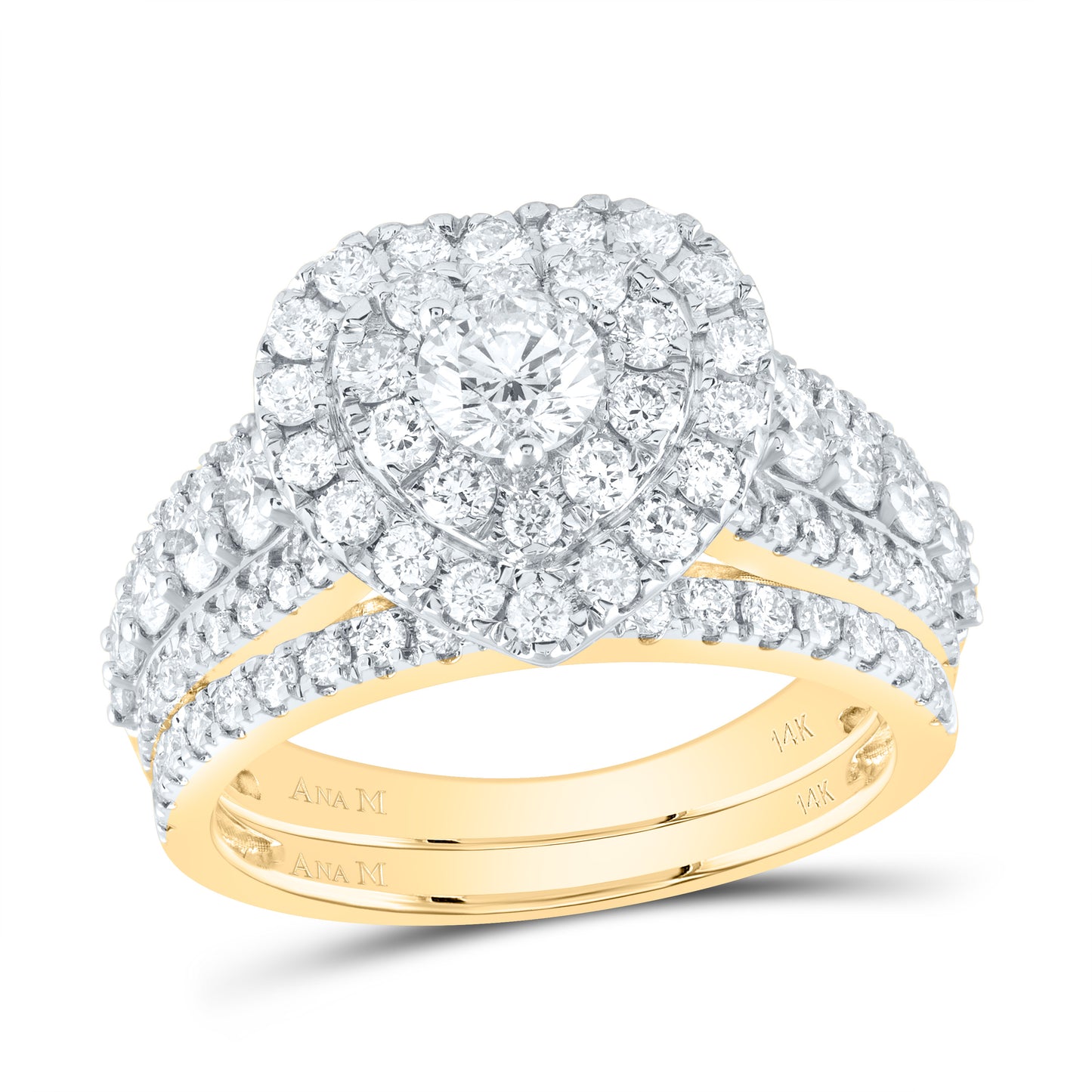 14kt Yellow Gold 2 Cttw Diamond Ana M 3/8 Cttw Round Heart Double Halo Wedding Engagement Anniversary Bridal Set, Women Size: 5-9