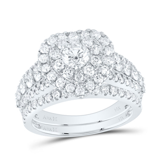 14kt White Gold 2 Cttw Diamond Ana M and 3/8 Cttw Round Heart Double Halo Wedding Engagement Anniversary Bridal Set, Women Size: 5-9