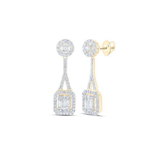 14kt Yellow Gold 7/8 Cttw Natural Diamond Fashion Octagon Baguette Dangling Earring