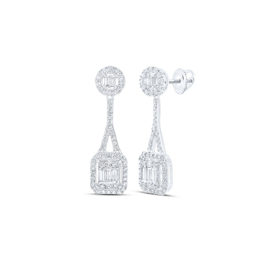 14kt White Gold 7/8 Cttw Natural Diamond Fashion Octagon Baguette Dangling Earring