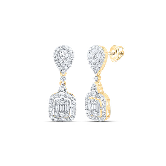14kt Yellow Gold 5/8 Cttw Natural Diamond Fashion Cushion Baguette Dangling Earring