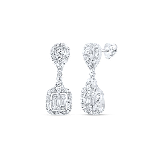 14kt White Gold 5/8 Cttw Natural Diamond Fashion Cushion Baguette Dangling Earring