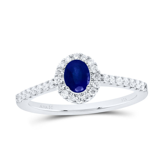 14kt White Gold 1/3 Cttw Diamond Ana M 5x4mm Oval Blue Sapphire Natural Gem Oval Wedding Engagement Anniversary Ring, Women Size: 5-9