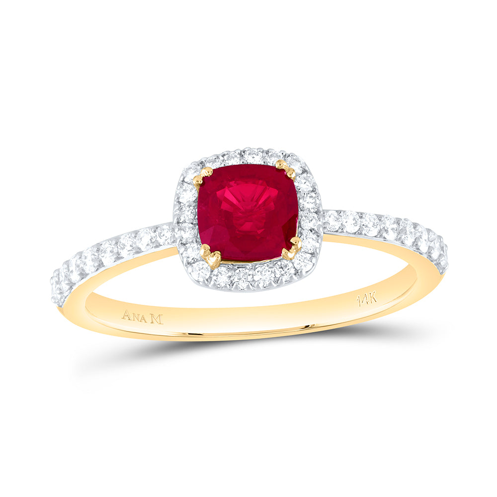 14kt Yellow Gold 1/4 Cttw Diamond Ana M 5mm Cushion Ruby Natural Gem Cushion Wedding Engagement Anniversary Ring, Women Size: 5-9