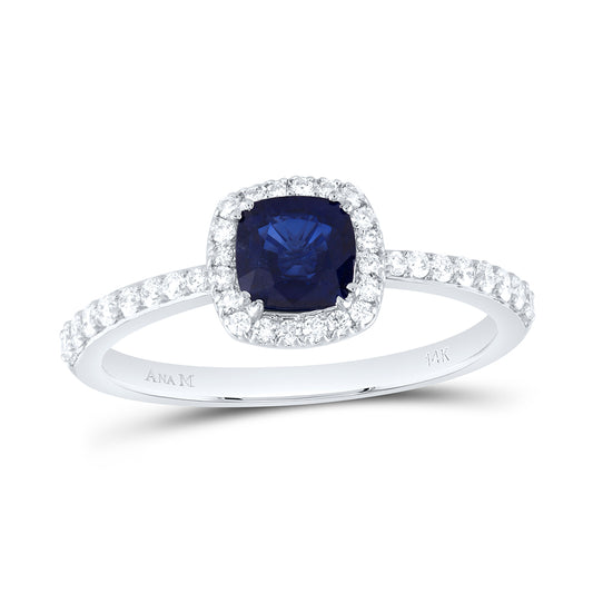 14kt White Gold 1/4 Cttw Diamond Ana M 5mm Cushion Blue Sapphire Natural Gem Cushion Wedding Engagement Anniversary Ring, Women Size: 5-9