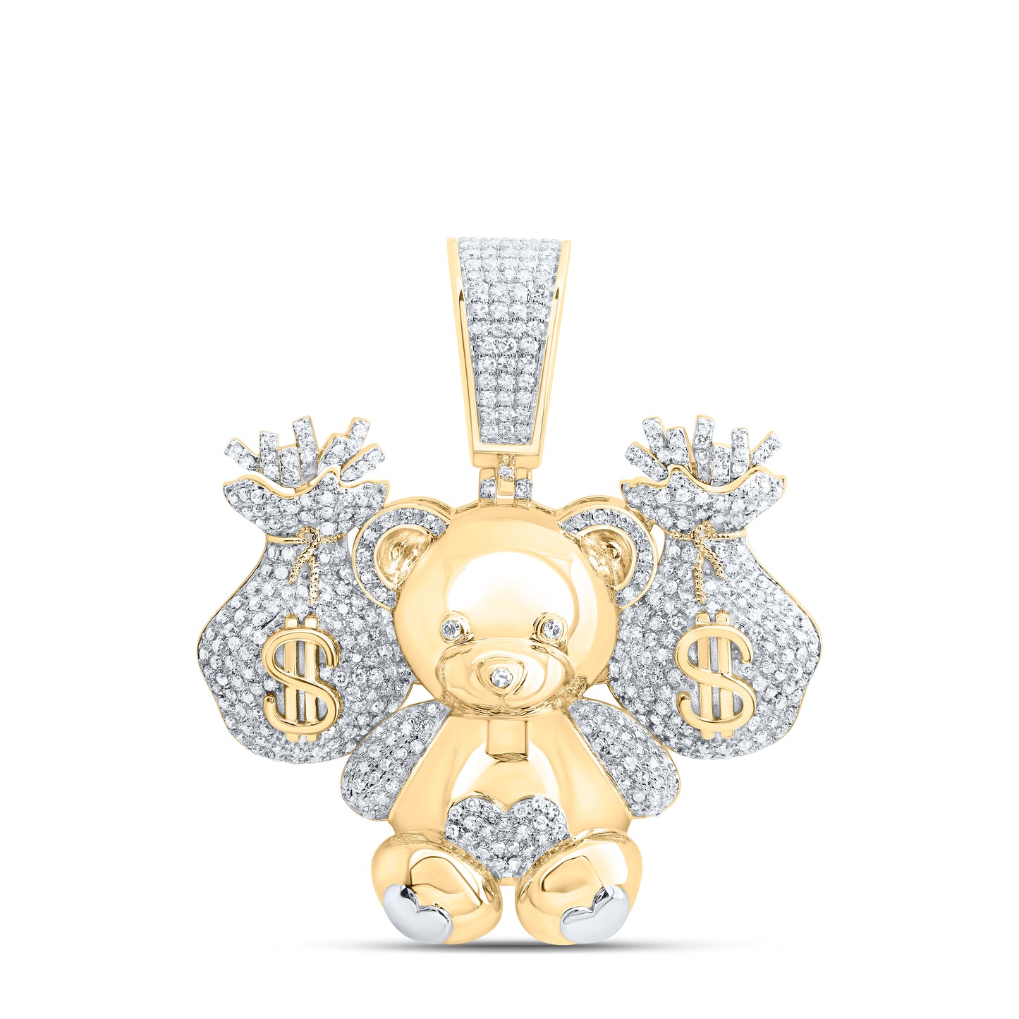 10k Yellow White 1 1/3 Cttw Natural Diamond Teddy Bear Money Dollar Bag Mens Charm