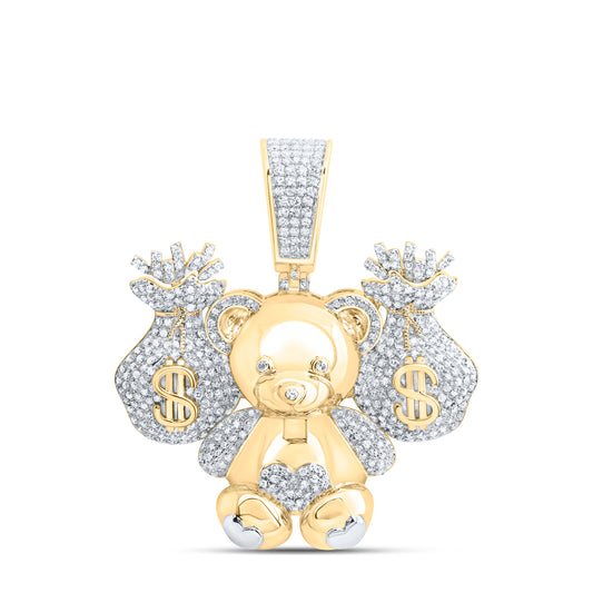 10k Yellow White 1 1/3 Cttw Natural Diamond Teddy Bear Money Dollar Bag Mens Charm