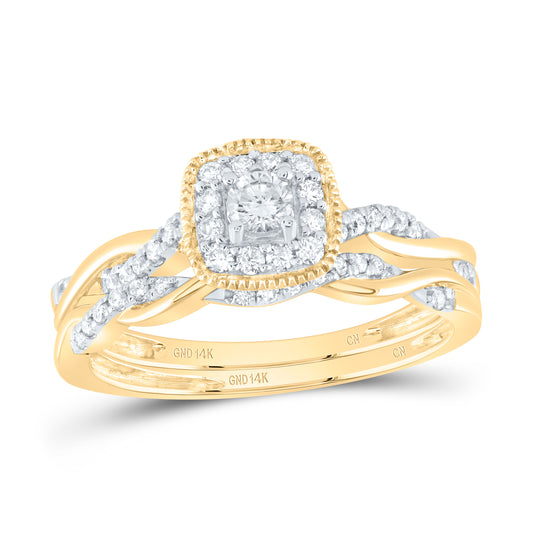 14K Yellow or White or Rose Gold 1/3 Ctw Natural Diamond Cushion Single Halo Bridal Set, Womens Size: 5-9