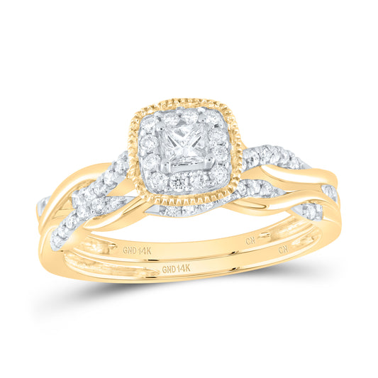 14K Yellow or White or Rose Gold 1/3 Ctw Natural Diamond Cushion Single Halo Bridal Set, Womens Size: 5-9