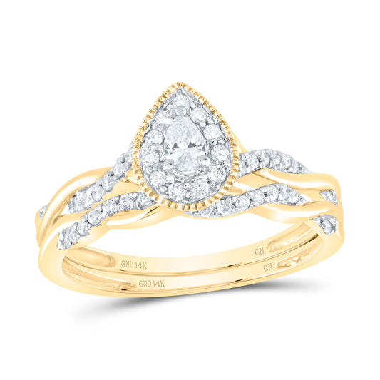 14K Yellow or White or Rose Gold 1/3 Ctw Natural Diamond Pear Single Halo Bridal Set, Womens Size: 5-9
