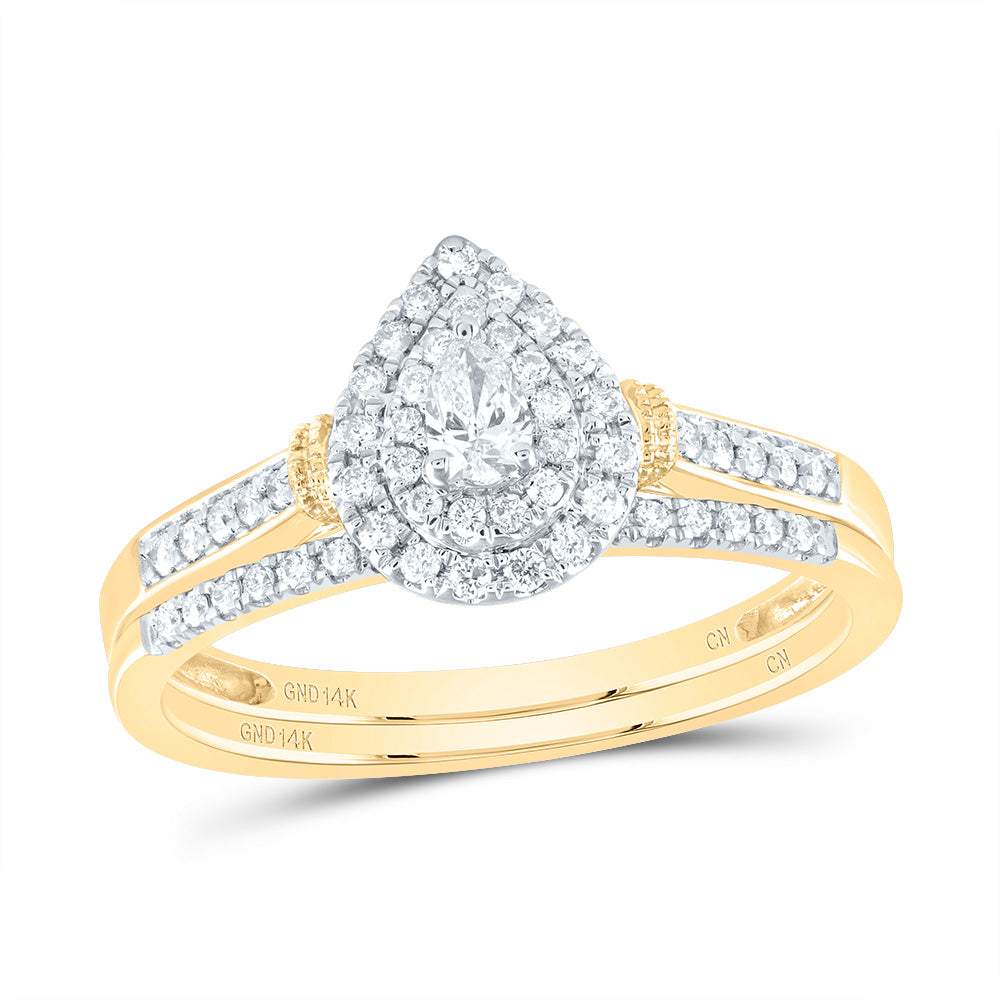 14K Yellow or White Gold 1/3 Ctw Natural Diamond Pear Double Halo Bridal Set, Womens Size: 5-9