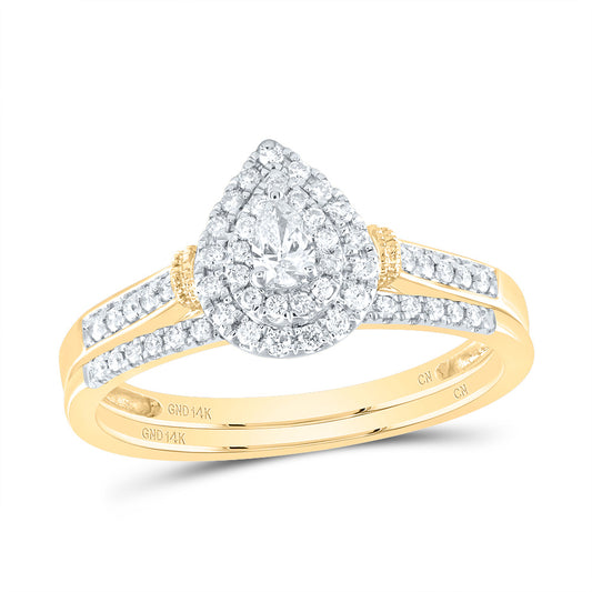 14K Yellow or White Gold 1/3 Ctw Natural Diamond Pear Double Halo Bridal Set, Womens Size: 5-9