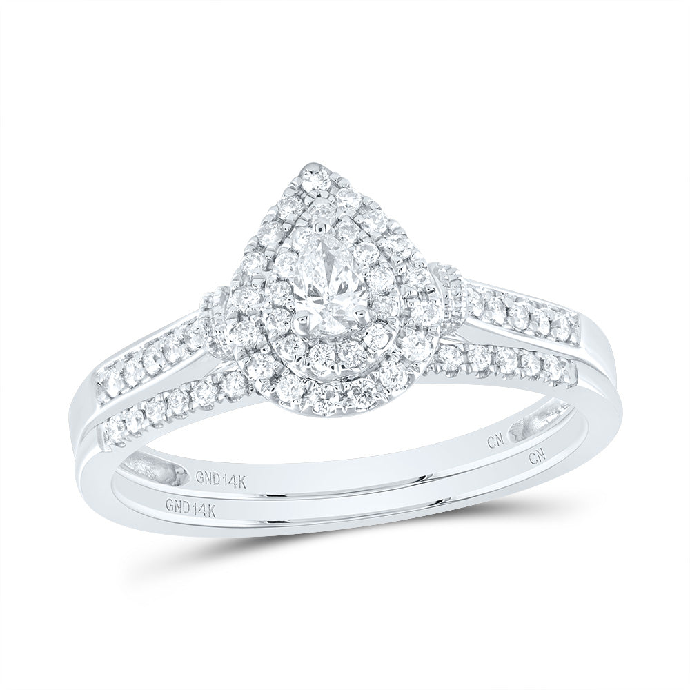 14K Yellow or White Gold 1/3 Ctw Natural Diamond Pear Double Halo Bridal Set, Womens Size: 5-9