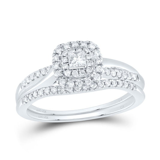 14K White Gold 1/3 Ctw Natural Diamond Cushion Double Halo Bridal Set, Womens Size: 5-9