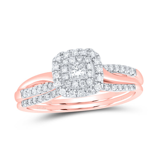 14K Rose Gold 1/3 Ctw Natural Diamond Cushion Double Halo Bridal Set, Womens Size: 5-9