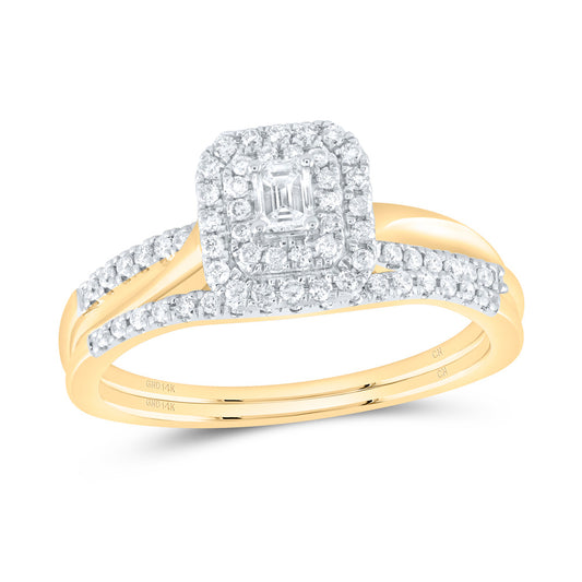 14K Yellow or White or Rose Gold 3/8 Ctw Natural Diamond Emerald Double Halo Bridal Set, Womens Size: 5-9
