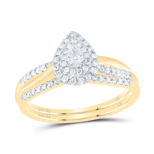14K Yellow or White Gold 1/3 Ctw Natural Diamond Pear Double Halo Bridal Set, Womens Size: 5-9