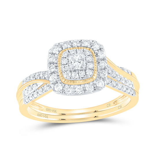 14K Yellow or White Gold 1/2 Ctw Natural Diamond Cushion Double Halo Bridal Set, Womens Size: 5-9