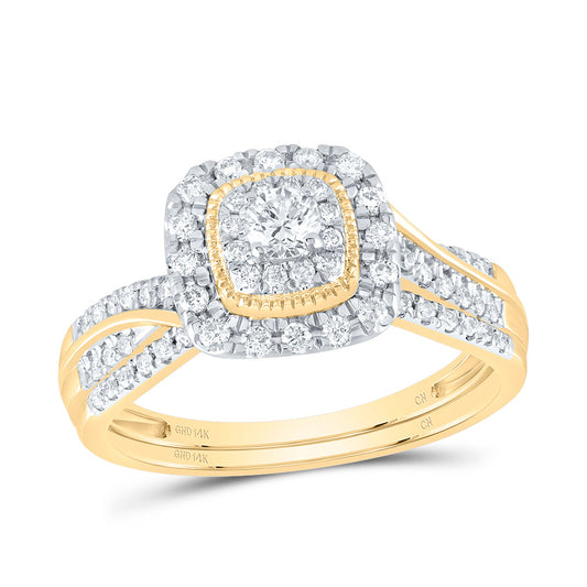 14K Yellow or White Gold 1/2 Ctw Natural Diamond Cushion Double Halo Bridal Set, Womens Size: 5-9