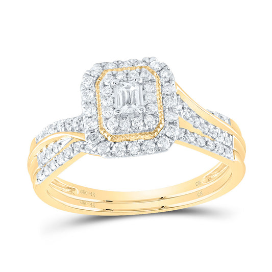 14K Yellow or White Gold 1/2 Ctw Natural Diamond Emerald Double Halo Bridal Set, Womens Size: 5-9