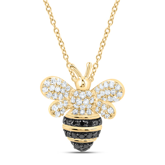 10K Yellow or White Gold 3/8 Ctw Natural Diamond Round Black Diamond Honey Bee Necklace