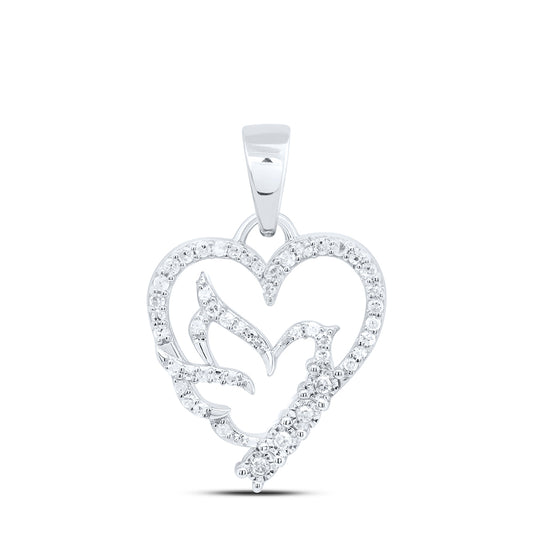 Sterling Silver White-Tone 1/6 Ctw Natural Diamond Bird Heart Pendant