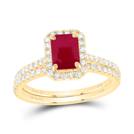 14K Yellow or White or Rose Gold 1/2 Ctw Diamond 7X5MM Emerald Natural Gem Bridal Set, Womens Size: 5-9