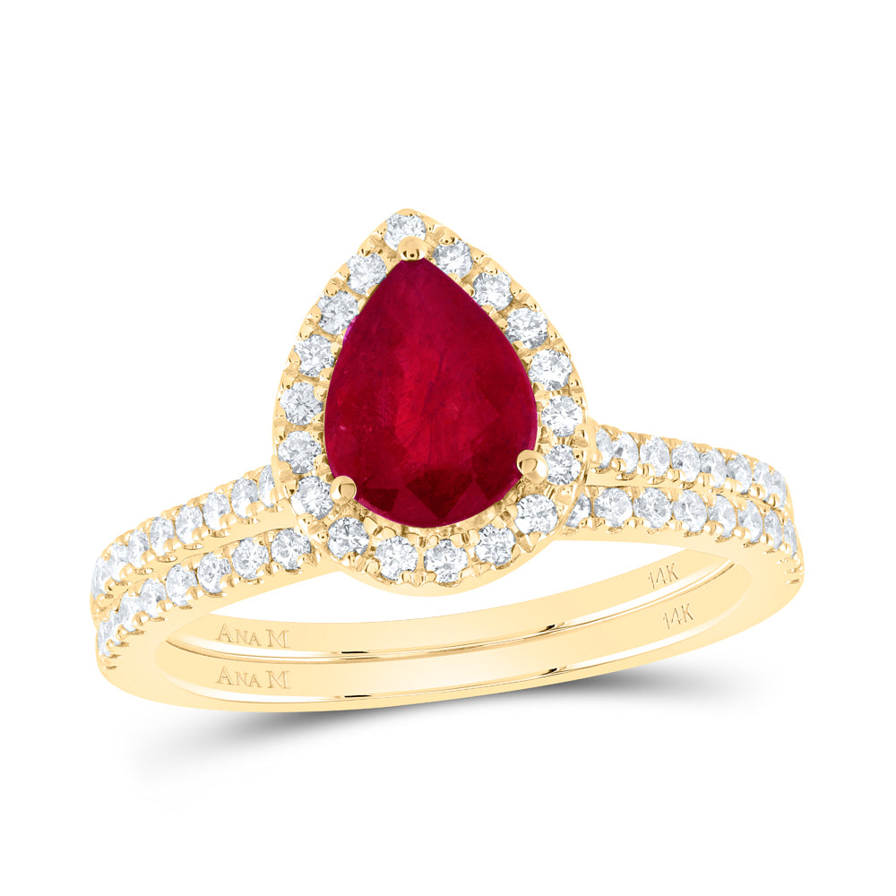 14K Yellow Gold 1/2Ctw Natural Diamond Ana M 8X6Mm Pear Ruby Natural Gem Bridal Set