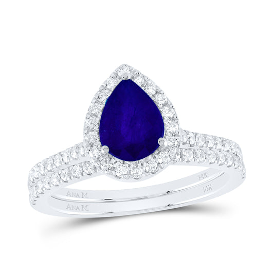 14Kt White Gold 1/2 Ctw Diamond 8X6MM Pear Blue Sapphire Natural Gem Bridal Set, Size 7