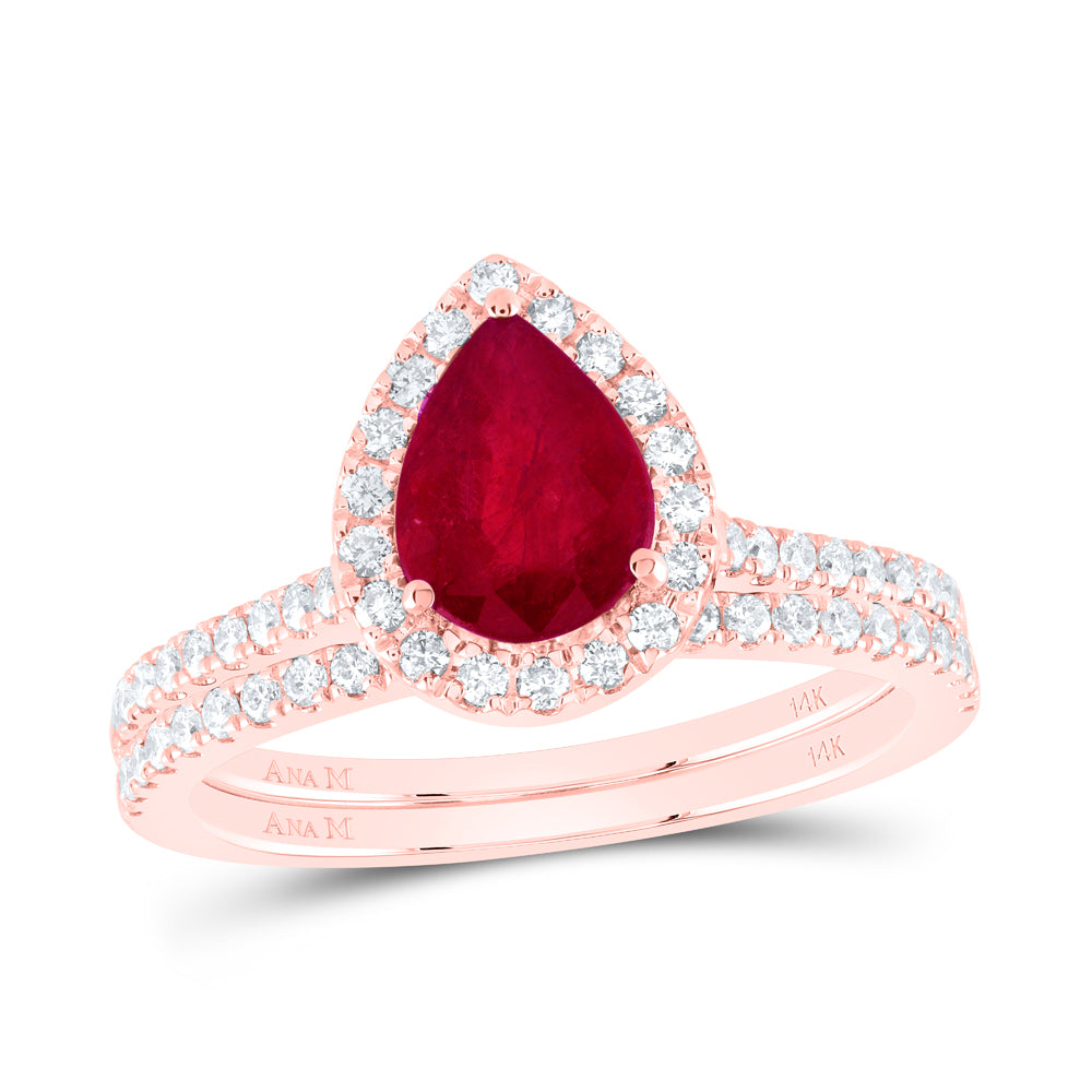 14kt Rose Gold 1/2 Cttw Diamond Ana M 8x6mm Pear Ruby Natural Gem Wedding Engagement Anniversary Bridal Set, Women Size: 5-9