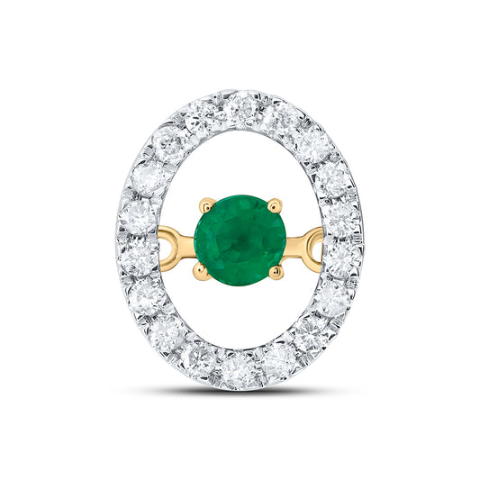 10kt Yellow Gold 1/8 Cttw Diamond 3mm Round Emerald Natural Gem Dancing Pendant