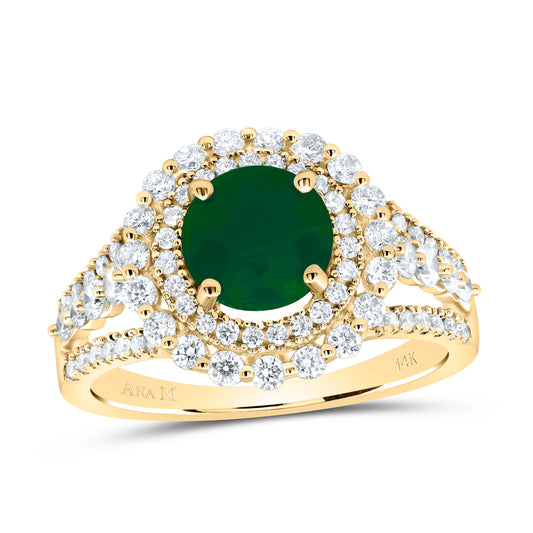 14kt Yellow Gold 7/8 Cttw Diamond Ana M 7mm Round Emerald Natural Wedding Engagement Anniversary Gem Ring, Women Size: 5-9
