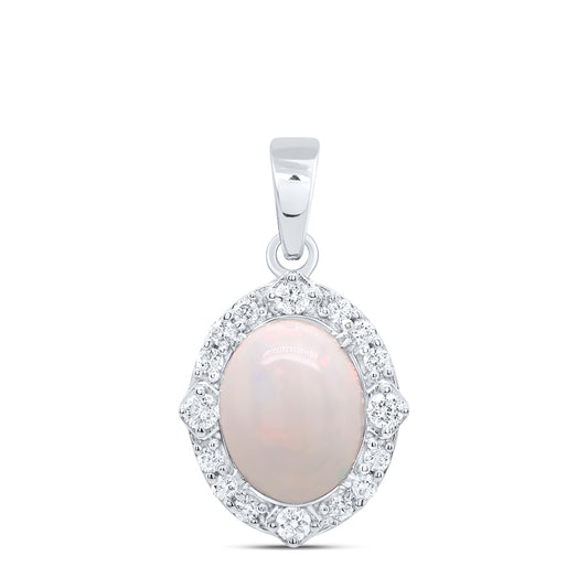 10kt White Gold 1/5 Cttw Diamond 9x7mm-ov Opal Natural Gem Pendant