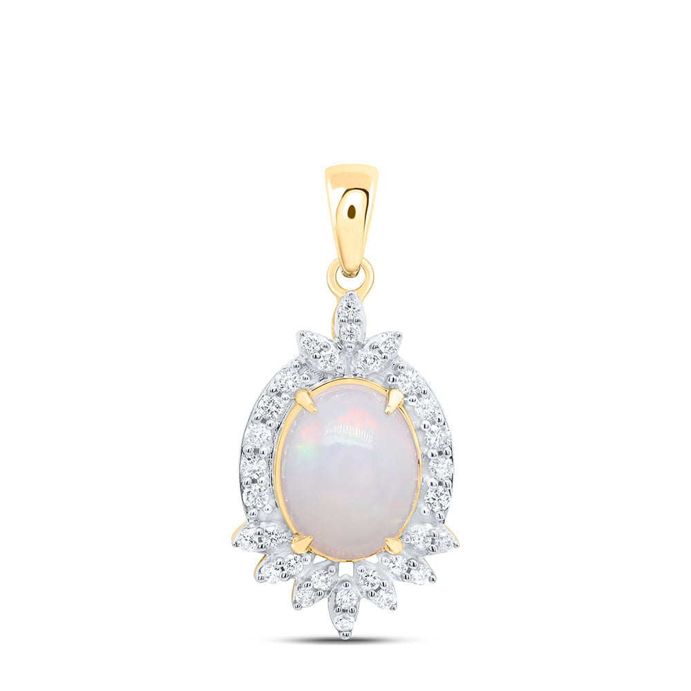 10kt Yellow Gold 1/5 Cttw Diamond 9x7mm-ov Opal Natural Gem Pendant