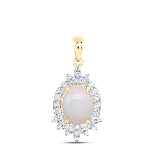 10kt Yellow Gold 1/5 Cttw Diamond 9x7mm-ov Opal Natural Gem Pendant
