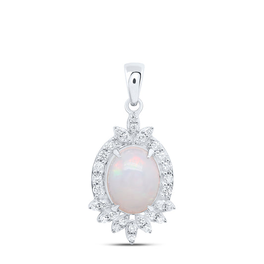 10kt White Gold 1/5 Cttw Diamond 9x7mm-ov Opal Natural Gem Pendant
