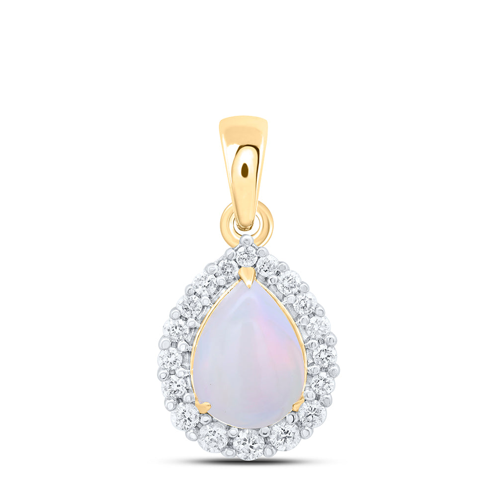 10kt Yellow Gold 1/5 Cttw Diamond 8x6mm Pear opal Natural Gem Pendant
