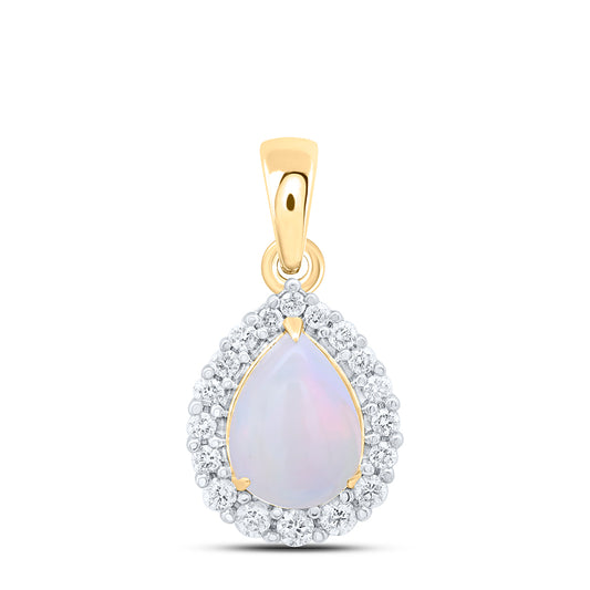 10kt Yellow Gold 1/5 Cttw Diamond 8x6mm Pear opal Natural Gem Pendant