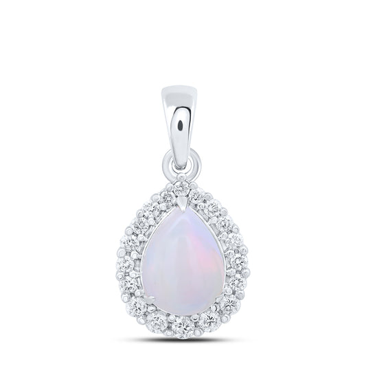 10kt White Gold 1/5 Cttw Diamond 8x6mm Pear opal Natural Gem Pendant