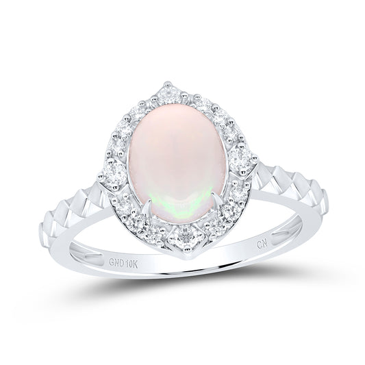 10kt White Gold 1/5 Cttw Diamond 9x7mm-ov Opal Natural Wedding Engagement Anniversary Gem Ring, Women Size: 5-9