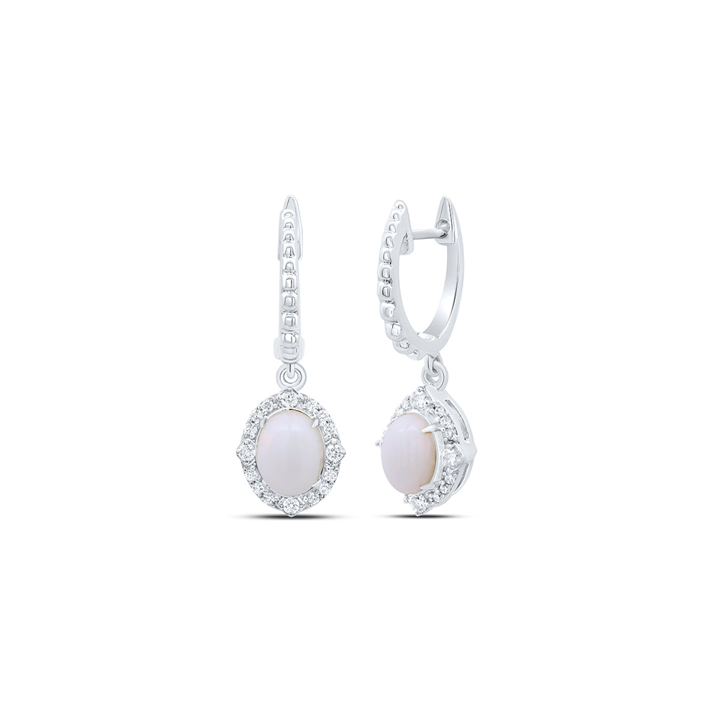 10kt White Gold 1/5 Cttw Diamond 6x4mm-ov Opal Natural Gem Dangling Earring
