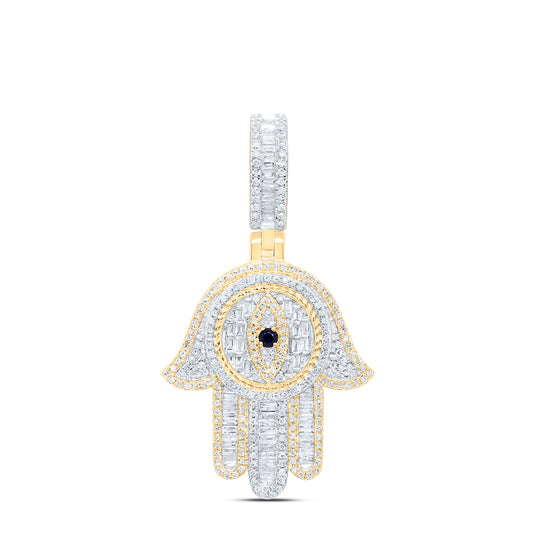 10kt Yellow Gold 1 3/8 Cttw Diamond and 1/20 Cttw Round Blue Sapphire Natural Gem Hamsa Mens Charm