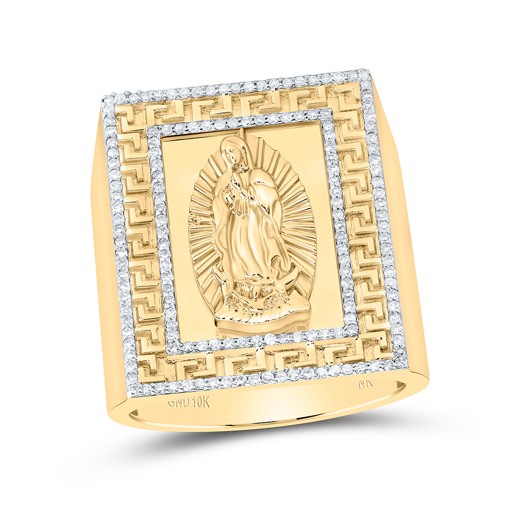 10kt Yellow Gold 1/2 Cttw Diamond Virgin Mary Mens Ring -1.00 Inch Version, Men Size: 8-12